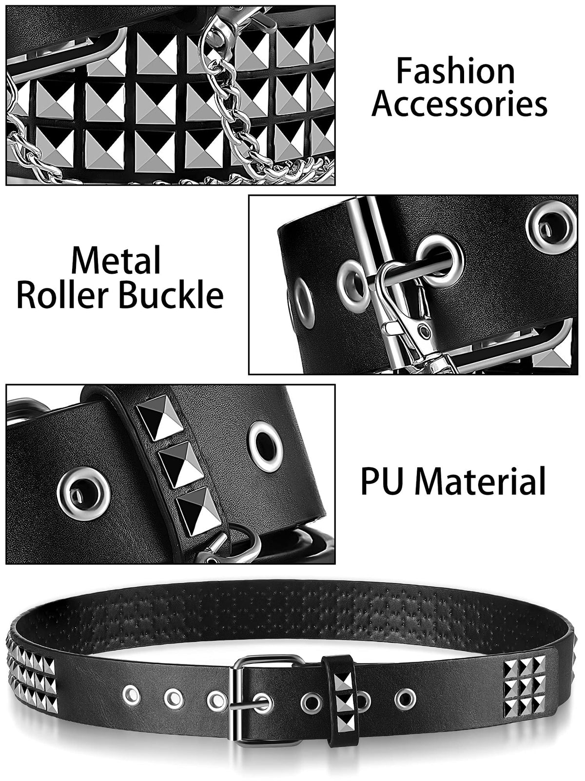 PALAY Punk Rock Studded Belt for Women featuring Three Rows of Studs 113cm PU Leather | 2 PCS Black