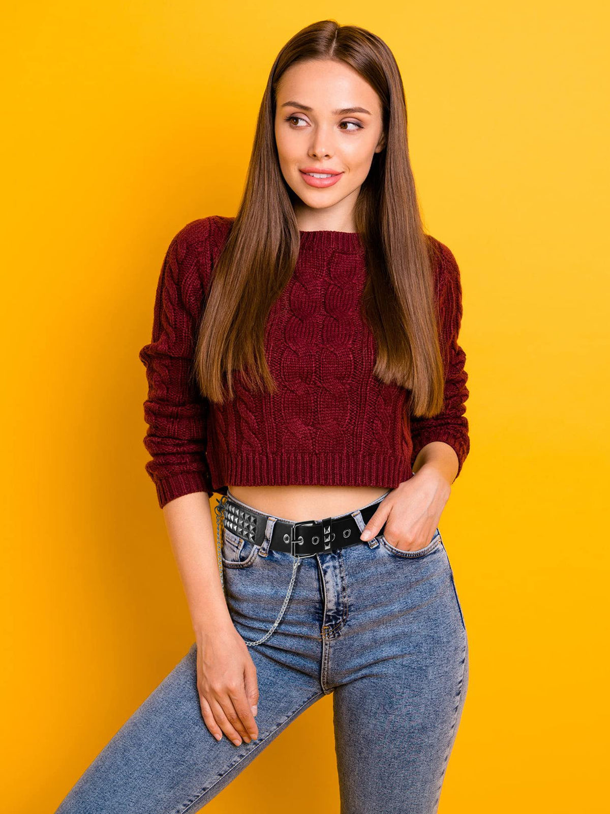 PALAY Punk Rock Studded Belt for Women featuring Three Rows of Studs 113cm PU Leather | 2 PCS Black