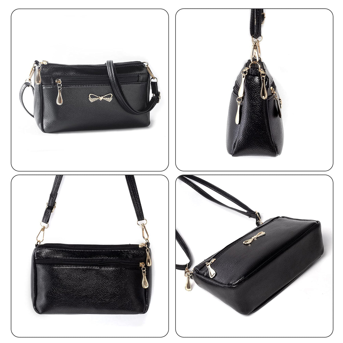 PALAY Small Crossbody Bag for Women with 4 Zipped Compartments 24×14×7cm Soft PU Leather Black