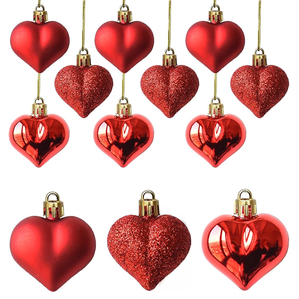 PALAY® 12Pcs Valentine's Day Red Heart Hanging Wall Decor Items for Bedroom Home Ornaments Set, Matte/Glitter/Shiny Mix with Red Room Decorate Items Surprised for Couple Gift for Girlfriend Boyfriend