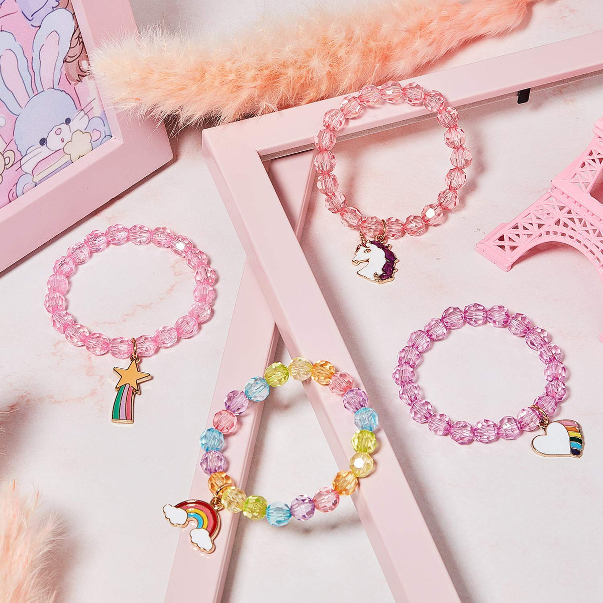 PALAY Unicorn Bracelet for Kids with 9 Crystal Beaded Designs featuring Cute Unicorn & Rainbow Charms