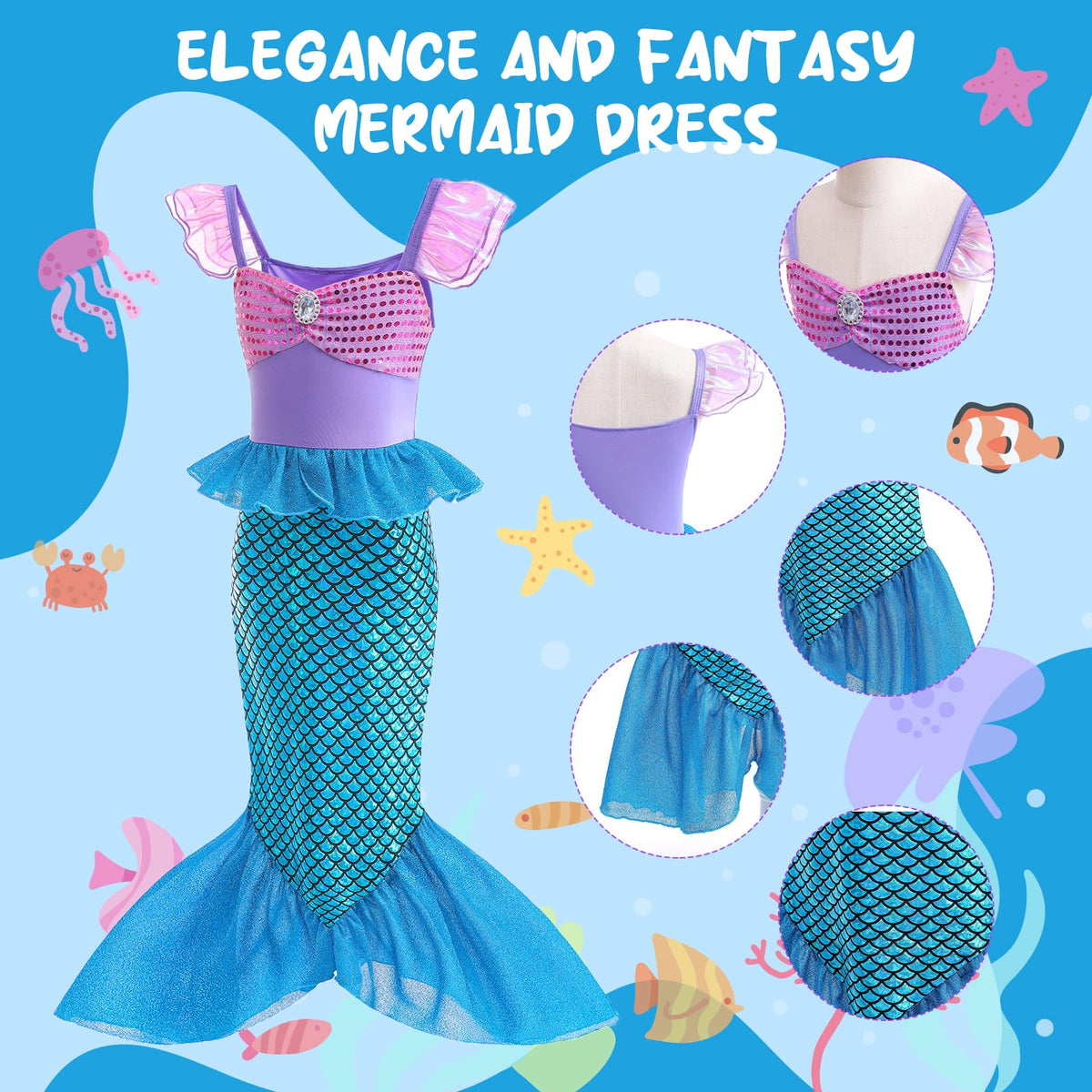 PALAY Mermaid Dress for Girls with Mermaid Tail Design and Matching Bag Gift 5‑6 Years