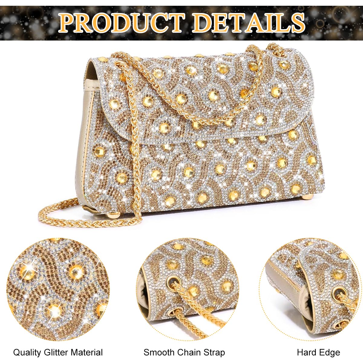 PALAY Shoulder Bag for Evening Parties with Crystal Rhinestones and Golden Chain | Elegant Clutch for Women