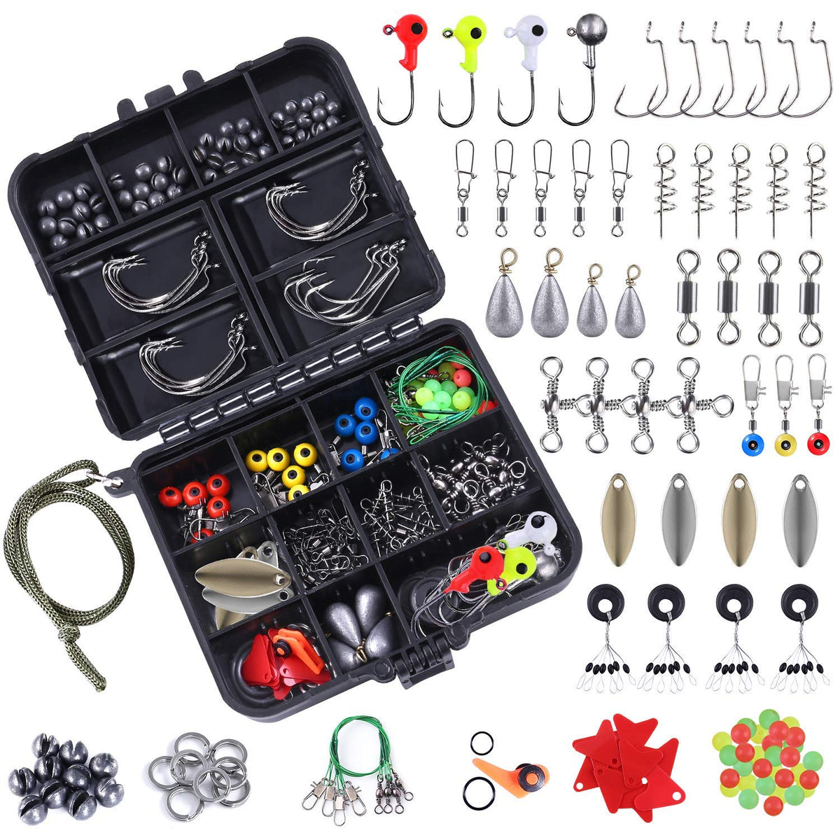 PALAY® 188 Pcs Stainless Steel Fishing Accessories Kit Including Fish Jig Hooks, Bullet Bass Casting Sinker Weights,Fishing Swivels Snaps,Sinker Slides,Fishing Set with Tackle Box