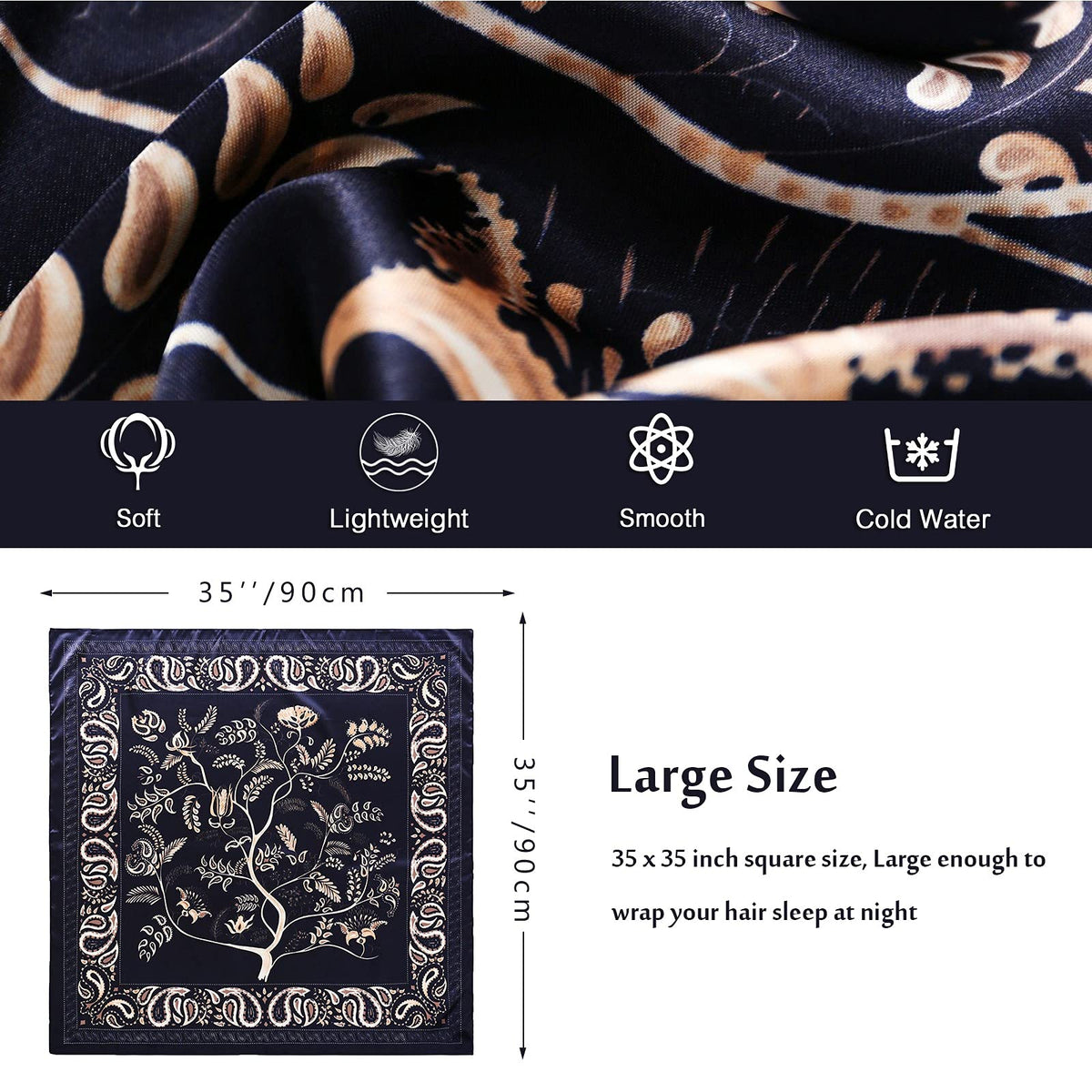 PALAY Women Satin Scarf 35x35 in Silk Feel Square Wrap for Hair and Pillow Cover | 2PCS Set