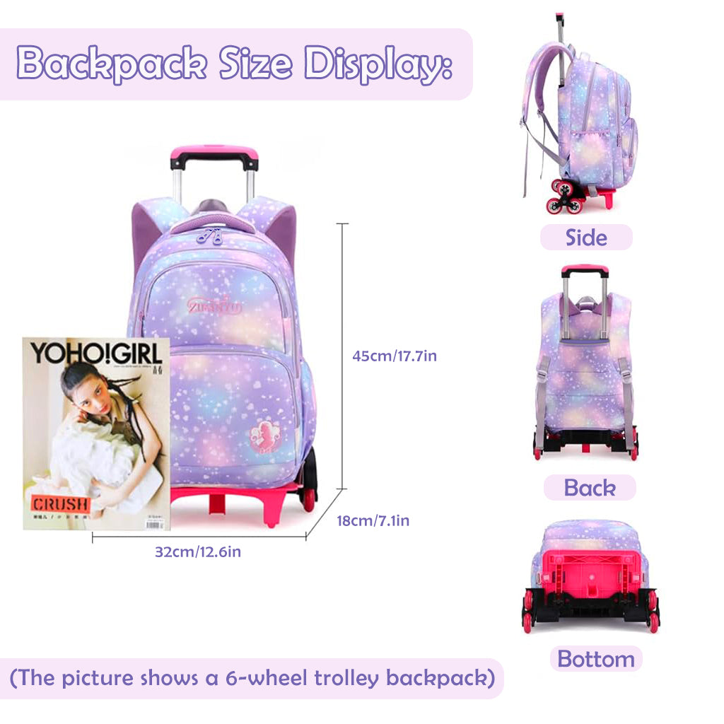 PALAY® School Backpack on 6-Wheel Backpack with Retractable Pull Handle School Backpack Detachable Wheel Stand Design Fashion Travel Backpack School Gift for Kids 6-12 Years Old