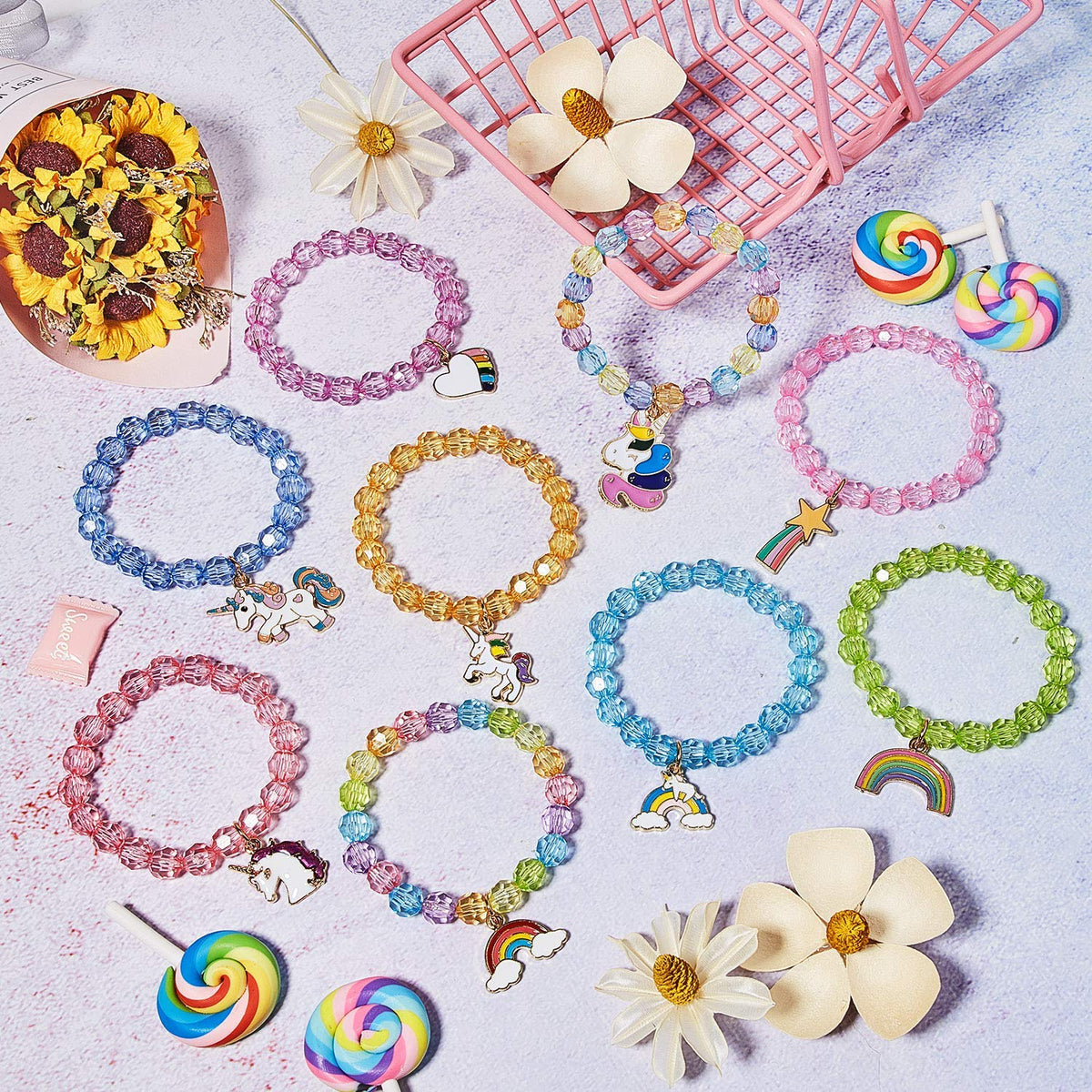 PALAY Unicorn Bracelet for Kids with 9 Crystal Beaded Designs featuring Cute Unicorn & Rainbow Charms