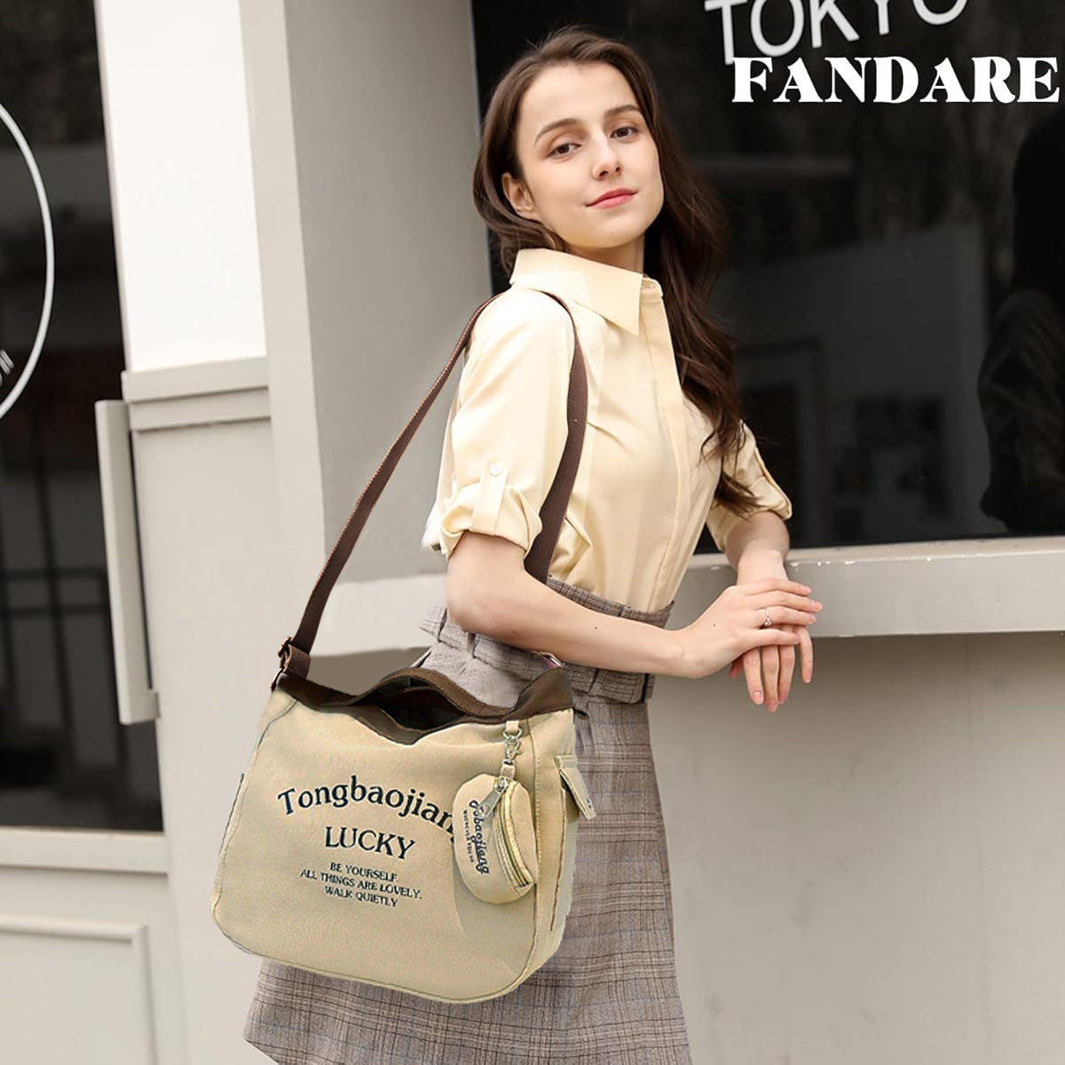 PALAY® Canvas Bag for Women Khaki Canvas Tote Bag with Coin Bag Chic Cute Letter Print Zipping Shoulder Bag Crossbody Bag Casual Hand Bag Multi Use School Book Bag Travel Carry All Bag, 30x17x30cm