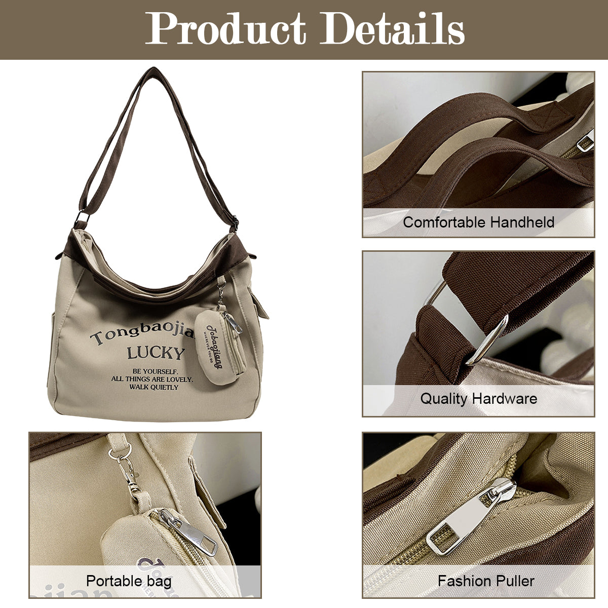 PALAY® Canvas Bag for Women Khaki Canvas Tote Bag with Coin Bag Chic Cute Letter Print Zipping Shoulder Bag Crossbody Bag Casual Hand Bag Multi Use School Book Bag Travel Carry All Bag, 30x17x30cm