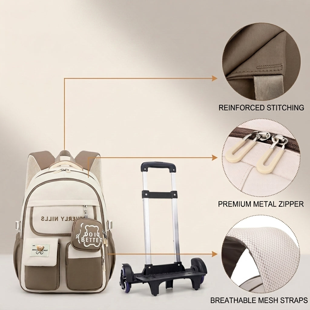 PALAY Trolley School Backpack for Kids with Wheels-Khaki