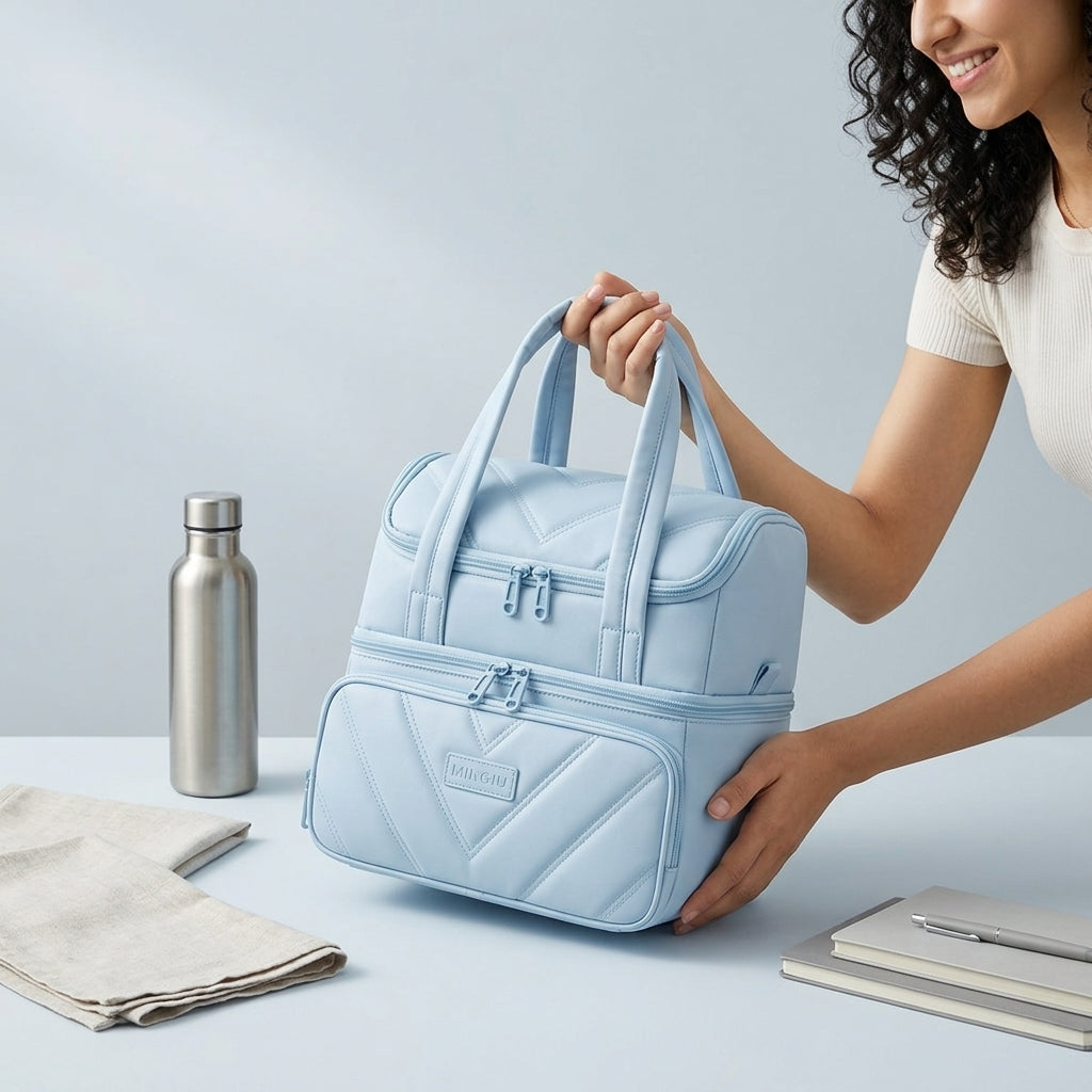 PALAY Insulated Lunch Bag for Office Blue Quilted Tiffin Bag
