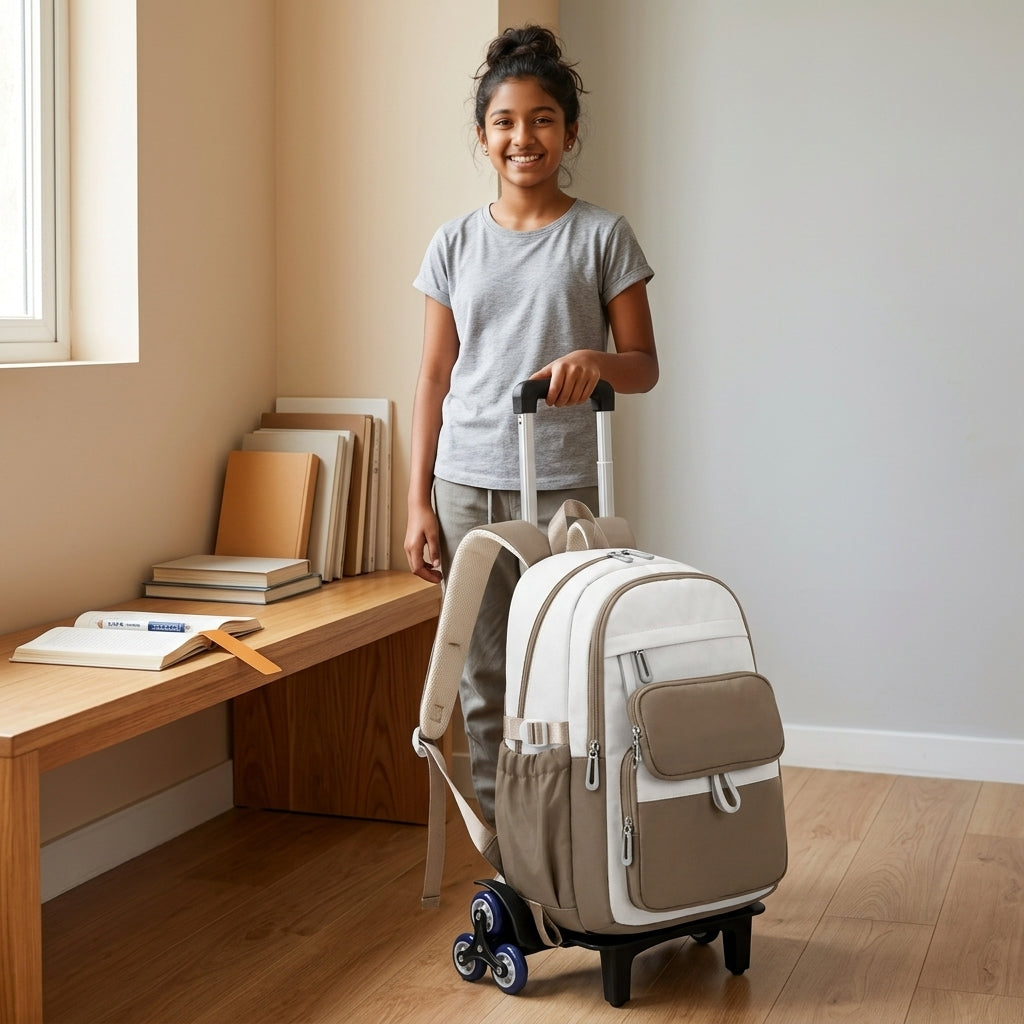PALAY Trolley School Backpack for Kids with Wheels-Khaki