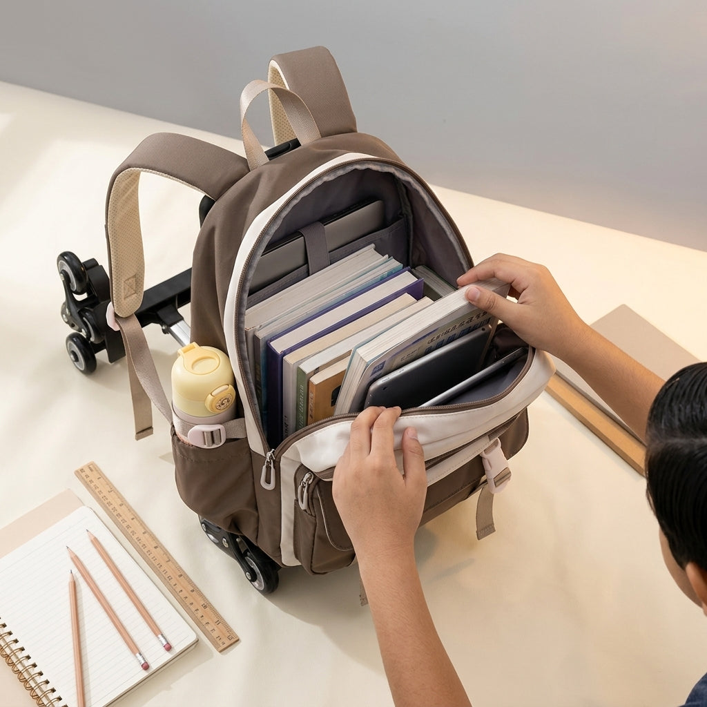 PALAY Trolley School Backpack for Kids with Wheels-Khaki