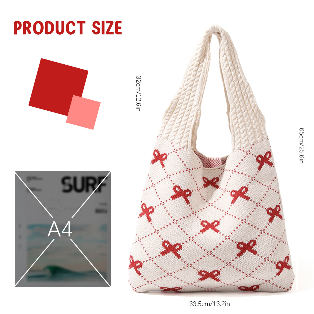 PALAY® Knitting Tote Bag for Girls Women Shoulder Bag Fashion Casual Soft Bag Cute Red Bow Knitting Shoulder Bag Day Bag Book Bag for School, Office, Travel, 35x36cm