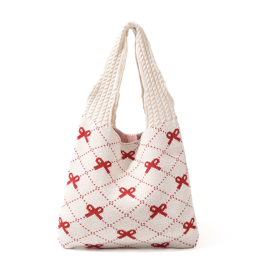 PALAY® Knitting Tote Bag for Girls Women Shoulder Bag Fashion Casual Soft Bag Cute Red Bow Knitting Shoulder Bag Day Bag Book Bag for School, Office, Travel, 35x36cm