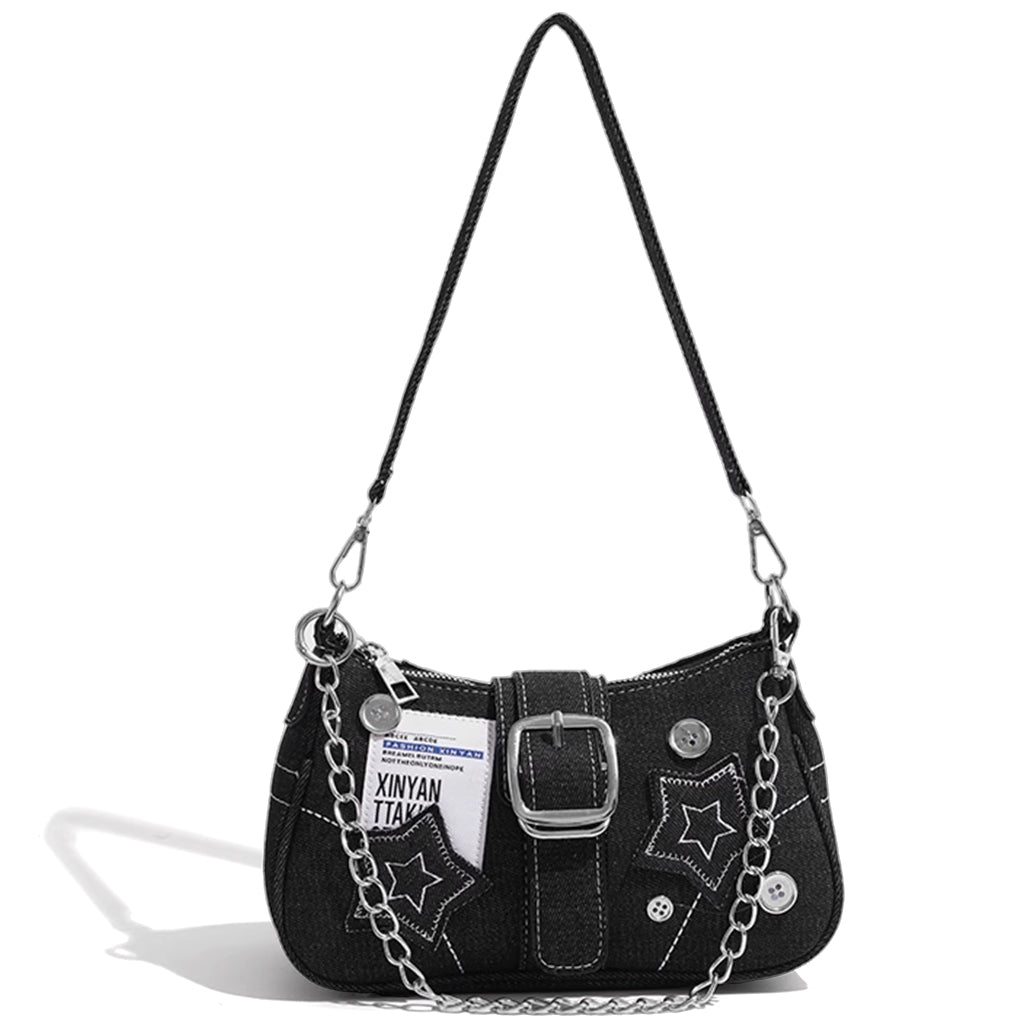 PALAY® Chic Shoulder Bag for Girls Canvas Handbag with Chain Charm Small Hobo Bag Stylishly Sweet Y2K Star Patchwork Letter Printed Handbag Casual Small Shoulder Zipper Bag, 23x7x13cm