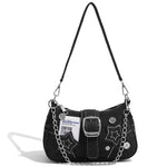 PALAY® Chic Shoulder Bag for Girls Canvas Handbag with Chain Charm Small Hobo Bag Stylishly Sweet Y2K Star Patchwork Letter Printed Handbag Casual Small Shoulder Zipper Bag, 23x7x13cm
