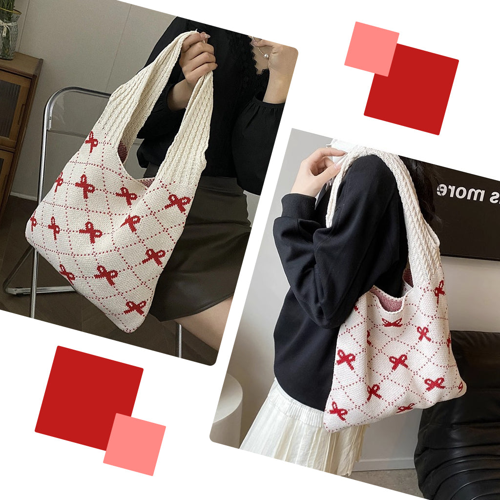 PALAY® Knitting Tote Bag for Girls Women Shoulder Bag Fashion Casual Soft Bag Cute Red Bow Knitting Shoulder Bag Day Bag Book Bag for School, Office, Travel, 35x36cm