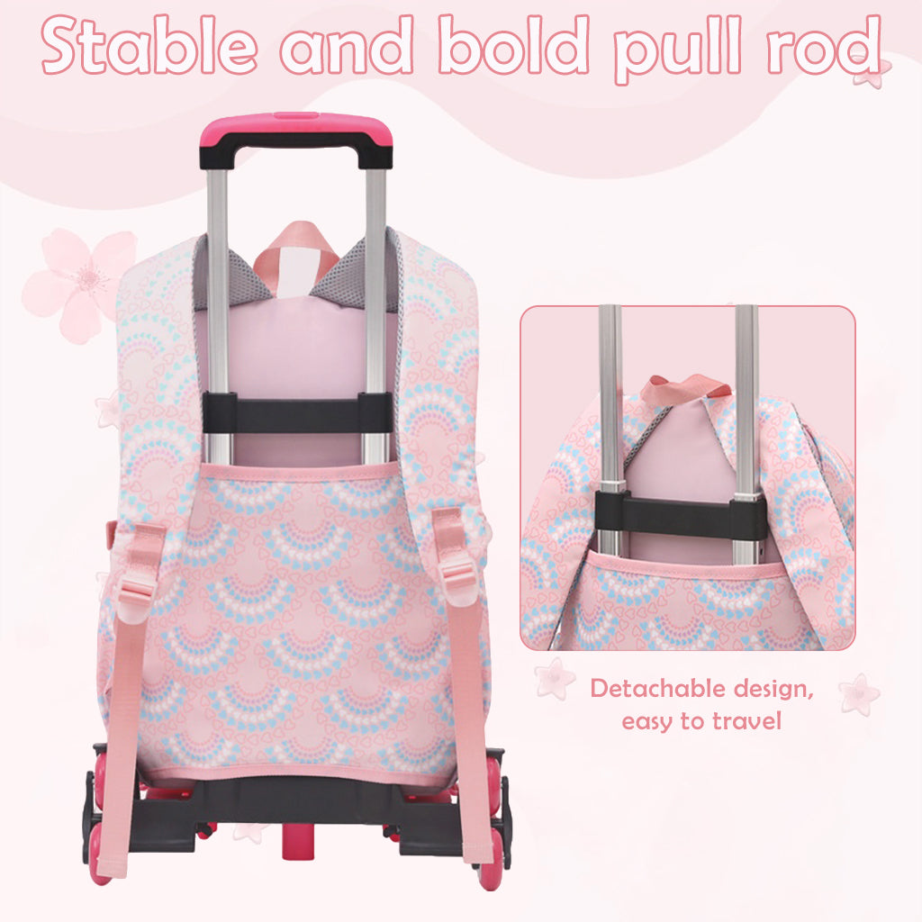 PALAY® School Backpack on 6-Wheel Backpack with Retractable Pull Handle Schoolgirls Backpack Detachable Wheel Stand Design Fashion Travel Backpack School Gift for Girls 6-12 Years Old