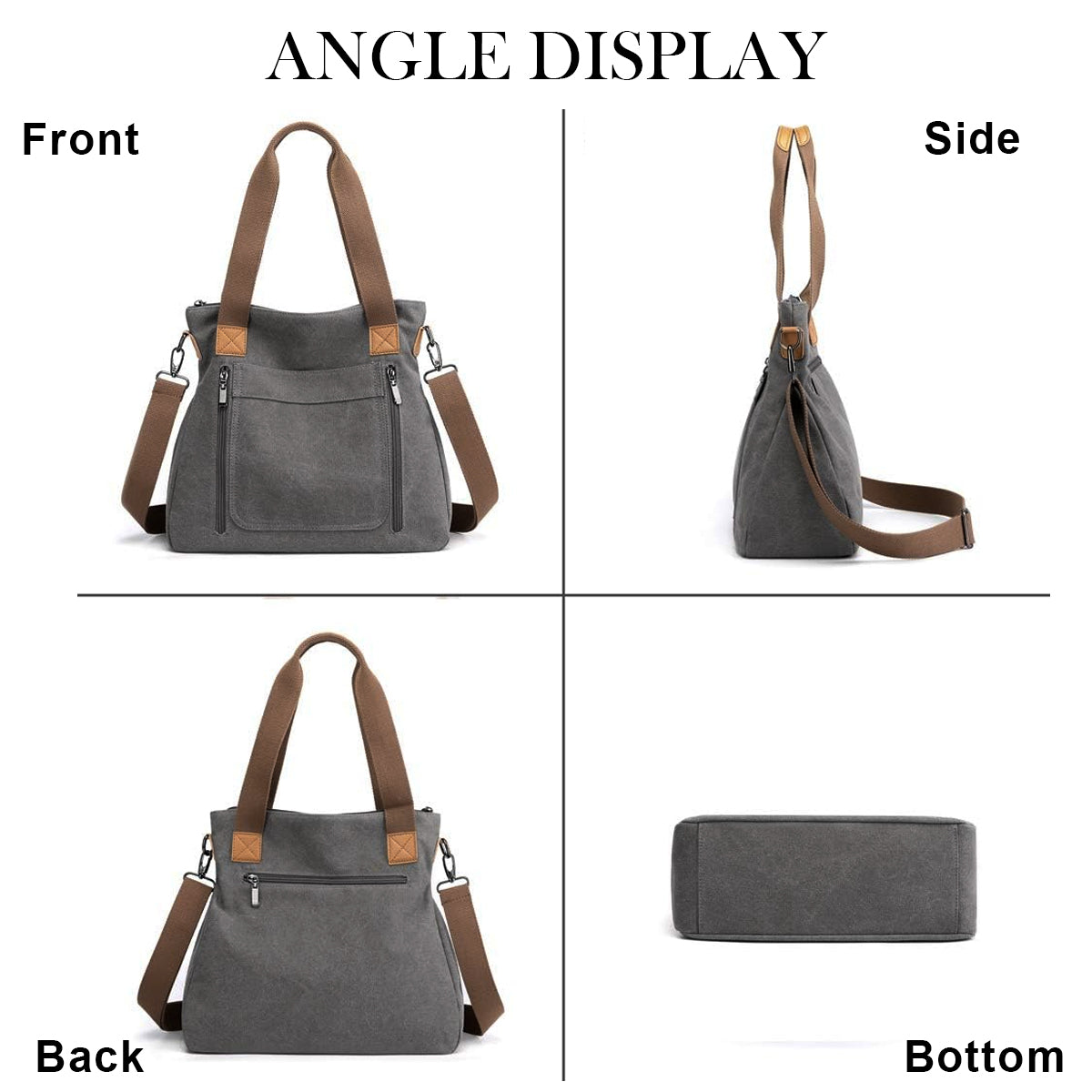 PALAY® Handbag for Women Grey Canvas Shoulder Bag Tote Sling Bag Hand Bag Large Crossbody Bag with Detachable Shoulder Strap Korean Women Bag for School, Work