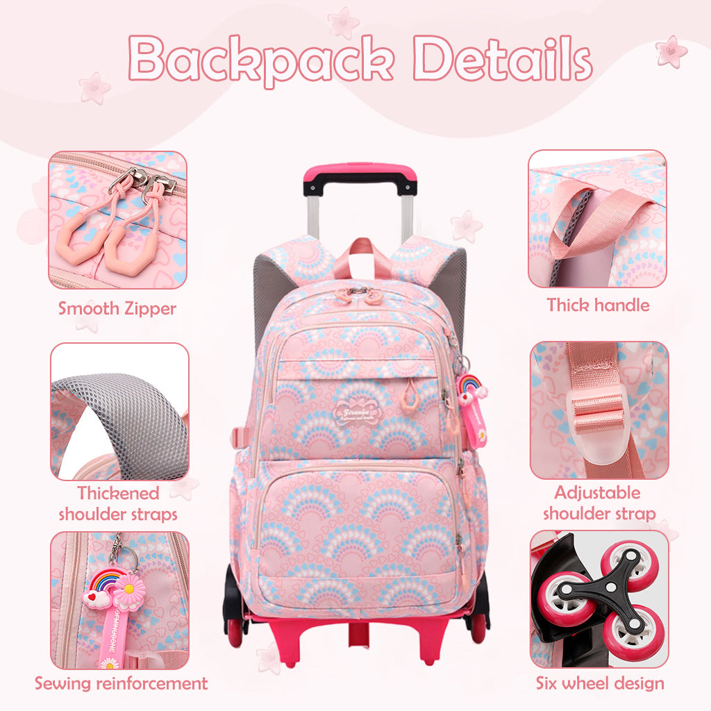 PALAY® School Backpack on 6-Wheel Backpack with Retractable Pull Handle Schoolgirls Backpack Detachable Wheel Stand Design Fashion Travel Backpack School Gift for Girls 6-12 Years Old
