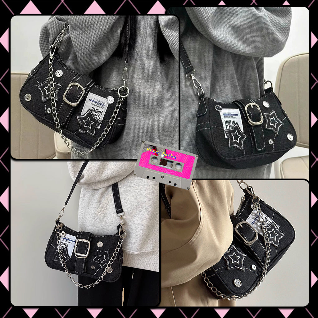 PALAY® Chic Shoulder Bag for Girls Canvas Handbag with Chain Charm Small Hobo Bag Stylishly Sweet Y2K Star Patchwork Letter Printed Handbag Casual Small Shoulder Zipper Bag, 23x7x13cm