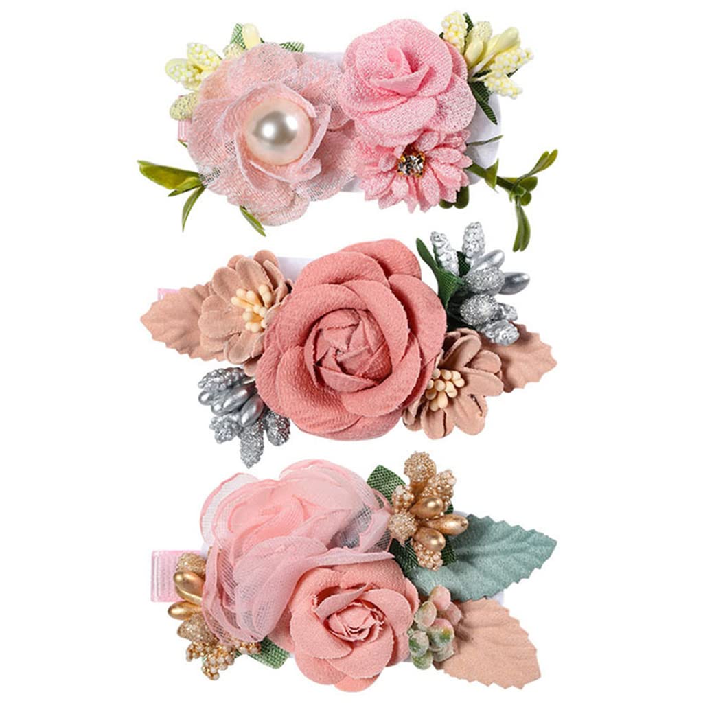 GUSTAVE® Pink 3 Pcs Floral Flower Hair Clips and Bow Hair Accessories for Girls,Baby,Toddlers,Teens Gifts