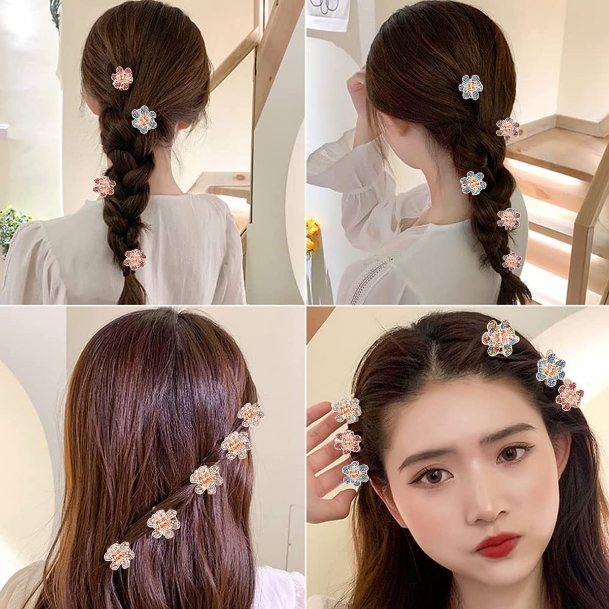 GUSTAVE® 6Pcs Rhinestone Flower Mini Hair Claw Clip & Hair Dressing Accessories for Teen ager Girls, Women