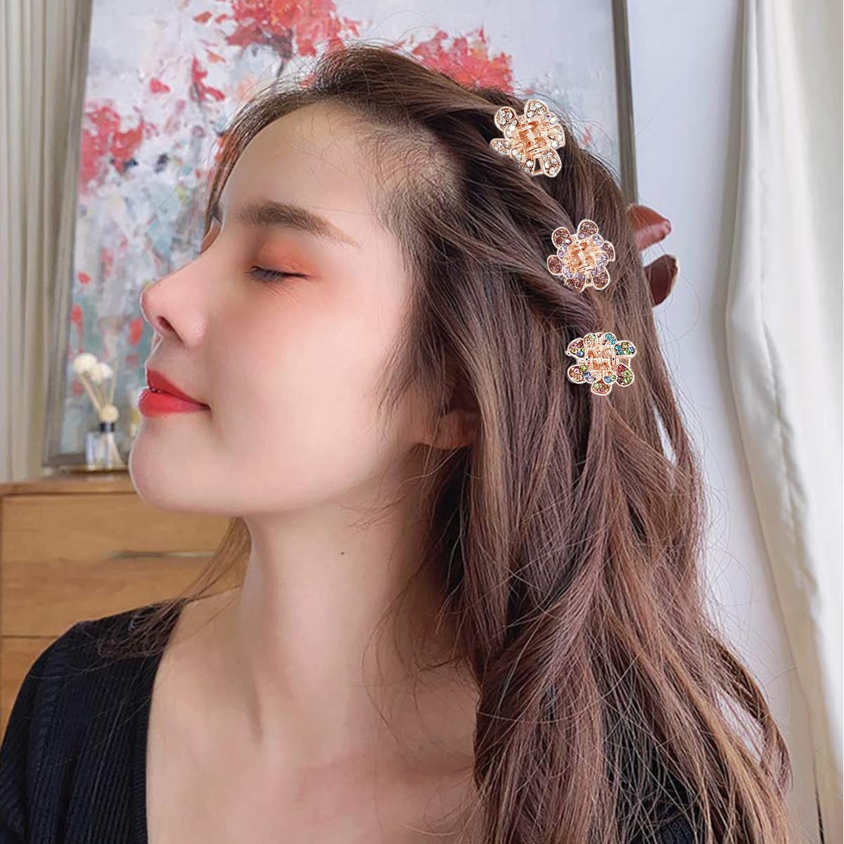 GUSTAVE® 6Pcs Rhinestone Flower Mini Hair Claw Clip & Hair Dressing Accessories for Teen ager Girls, Women