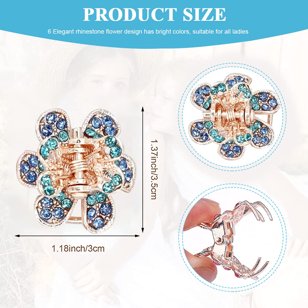 GUSTAVE® 6Pcs Rhinestone Flower Mini Hair Claw Clip & Hair Dressing Accessories for Teen ager Girls, Women
