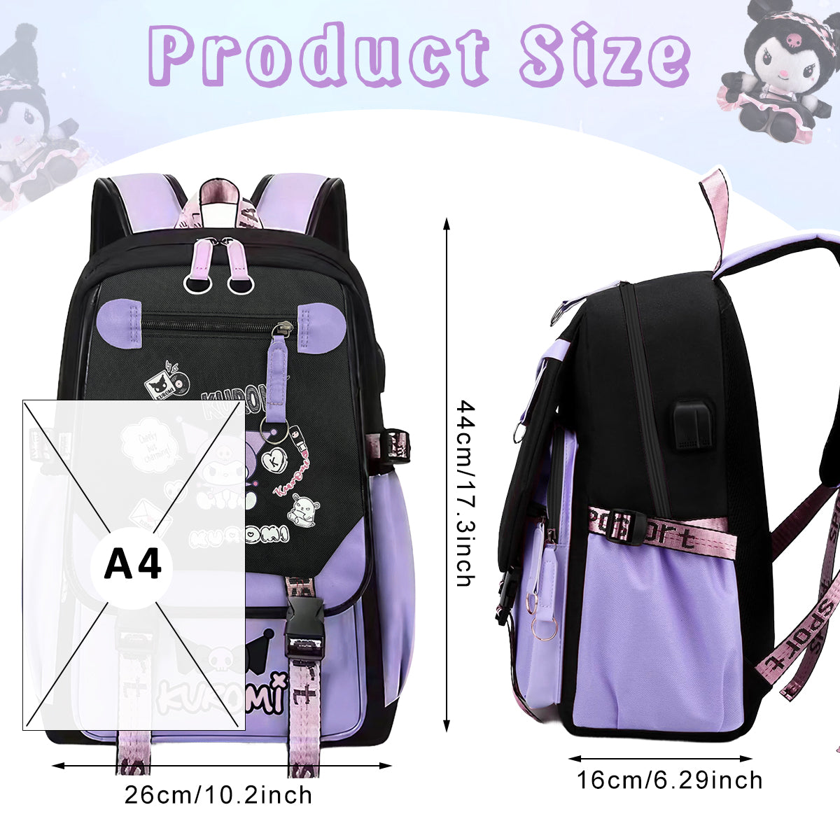 PALAY® Kawaii Kuromi School Backpack School Girls Backpack 17'' Large Capacity Bookbag Girls Backpack for School, Travel, Camping, Children's Day Gift for Girls School Gift for Kids 6-12 Years Old