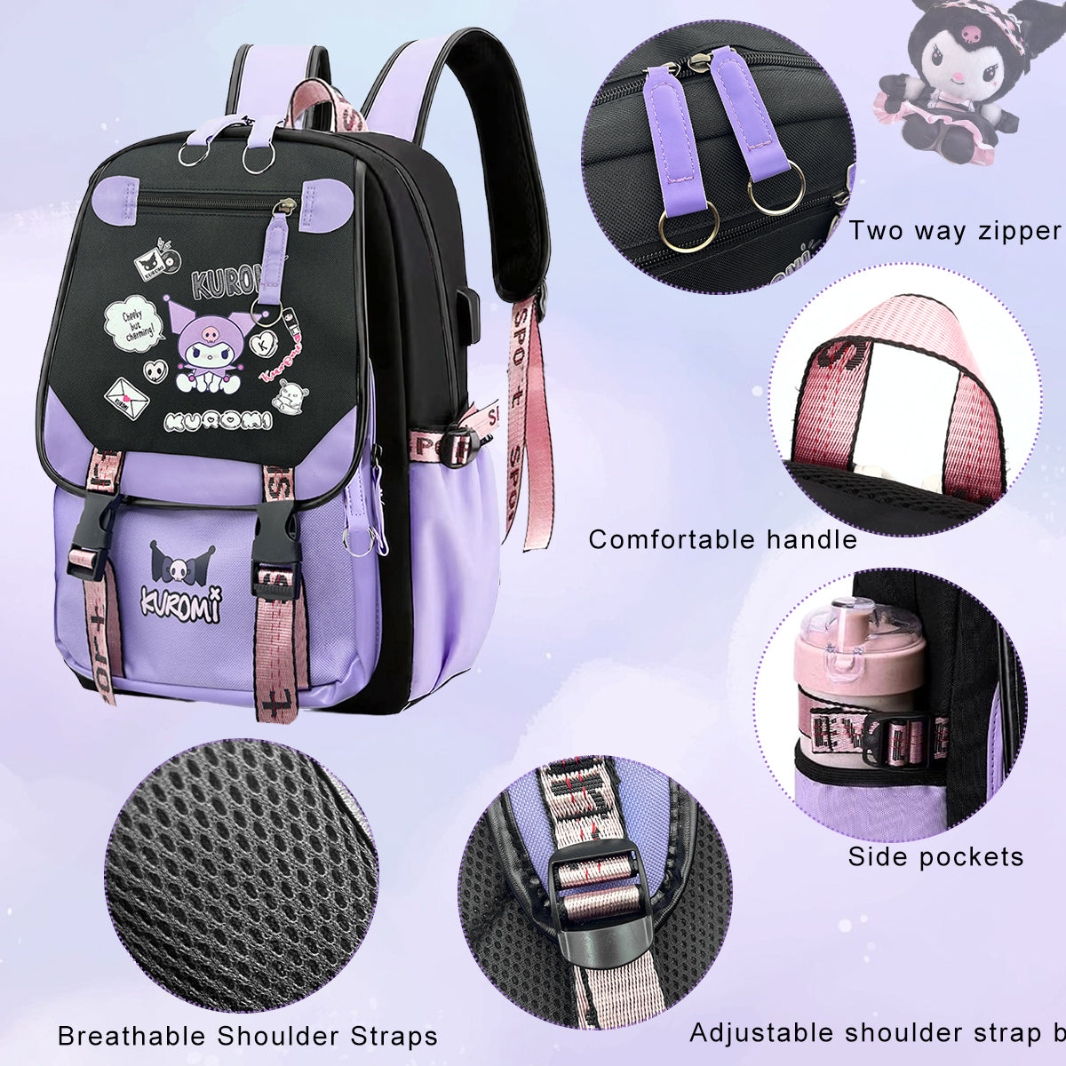 PALAY® Kawaii Kuromi School Backpack School Girls Backpack 17'' Large Capacity Bookbag Girls Backpack for School, Travel, Camping, Children's Day Gift for Girls School Gift for Kids 6-12 Years Old