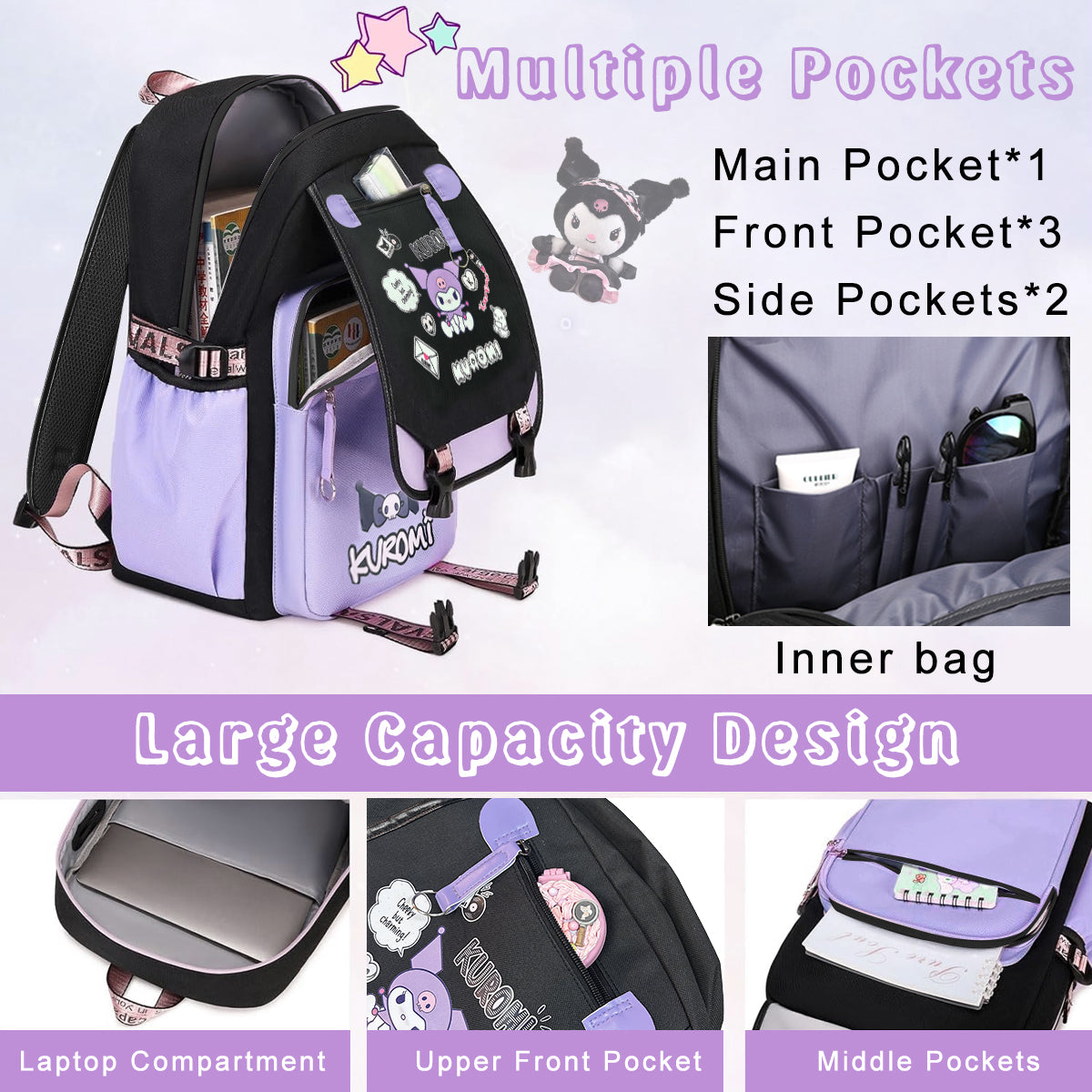 PALAY® Kawaii Kuromi School Backpack School Girls Backpack 17'' Large Capacity Bookbag Girls Backpack for School, Travel, Camping, Children's Day Gift for Girls School Gift for Kids 6-12 Years Old