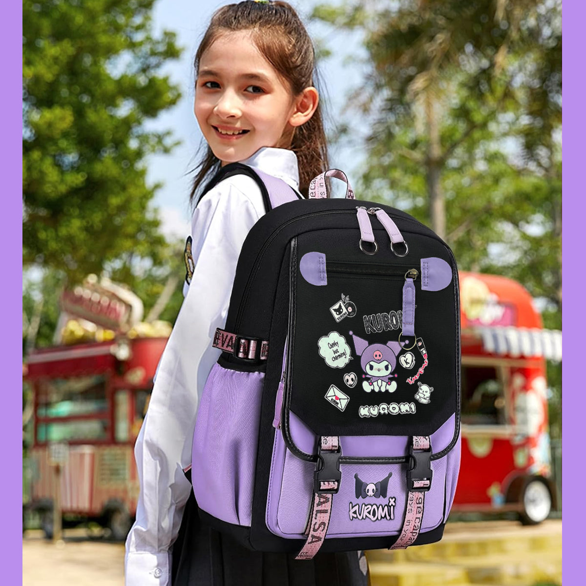 PALAY® Kawaii Kuromi School Backpack School Girls Backpack 17'' Large Capacity Bookbag Girls Backpack for School, Travel, Camping, Children's Day Gift for Girls School Gift for Kids 6-12 Years Old