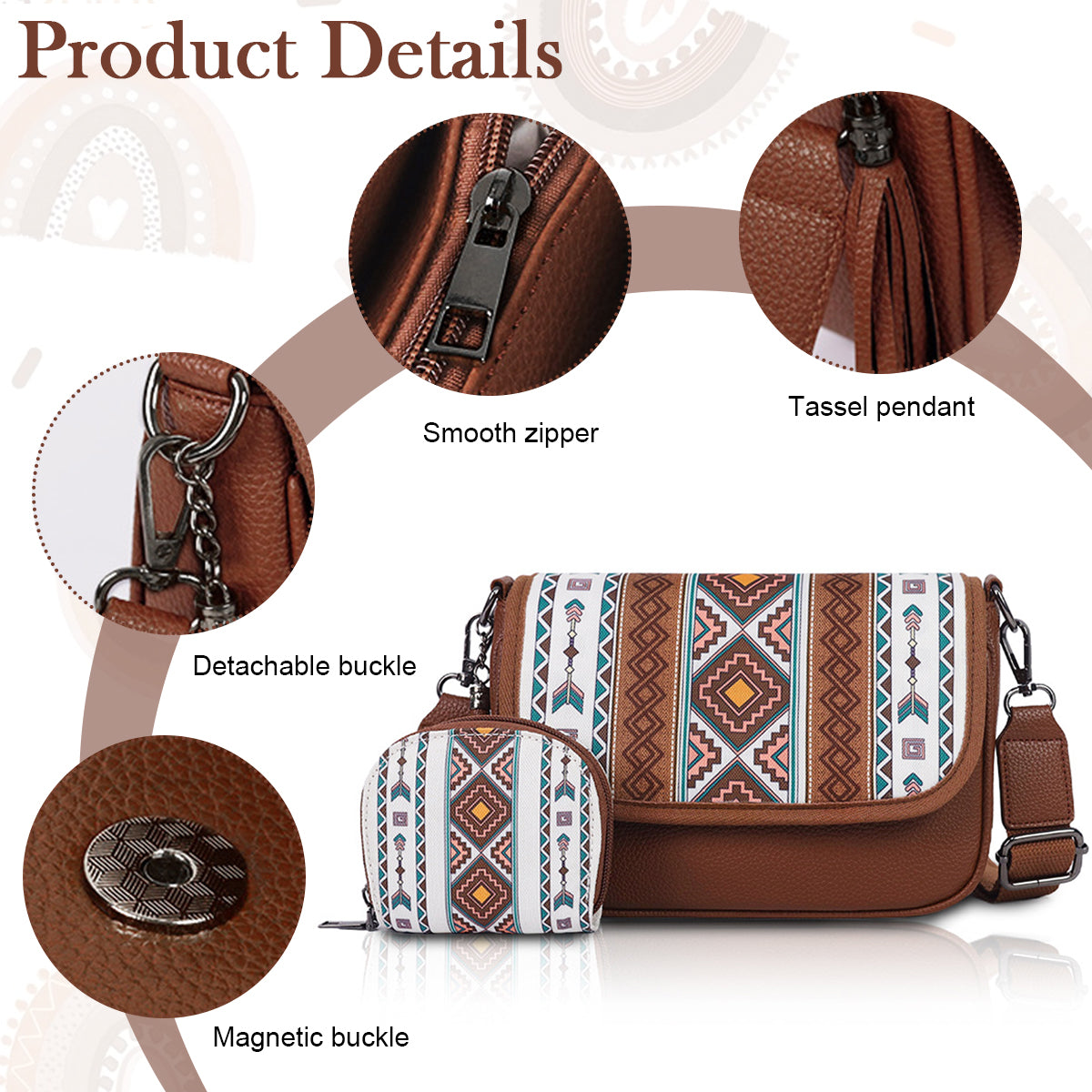 PALAY® Women Shoulder Bag with Small Coin Bag Fashion Boho Print Patchwork Vintage PU Casual Shoulder Bag Crossbody Bag Sling Bag Birthday Gift Valentine's Day Gift for Women, 8.8x2.7x5.9inches