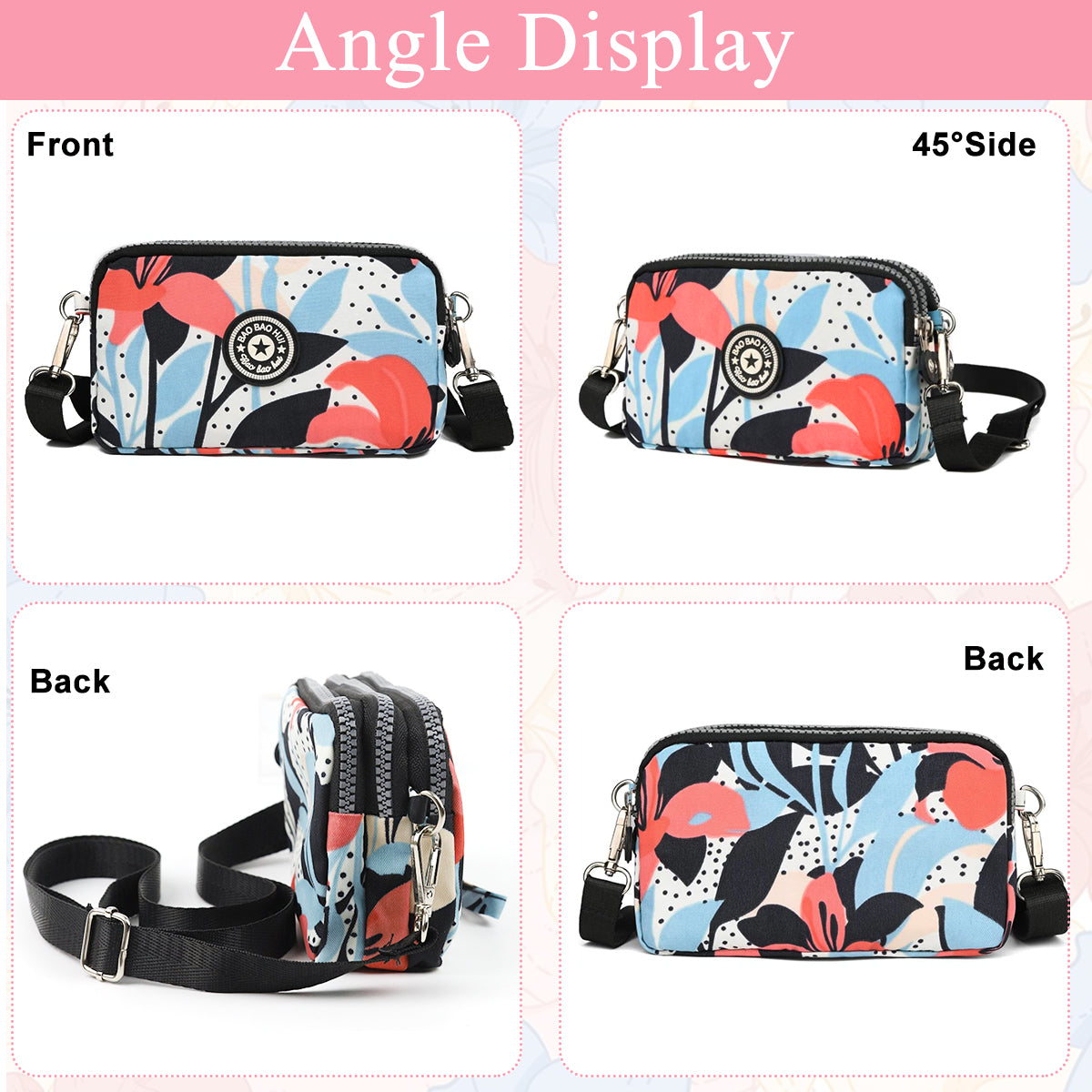 PALAY® Women Clutch Purse Small Crossbody Bag Triple Layer Utility Zipper Pouch Travel Purse Pouch Clutch Bag with Detachable Shoulder Strap Fashion Oxford Cloth Shoulder Phone Bag, 18x6x12cm