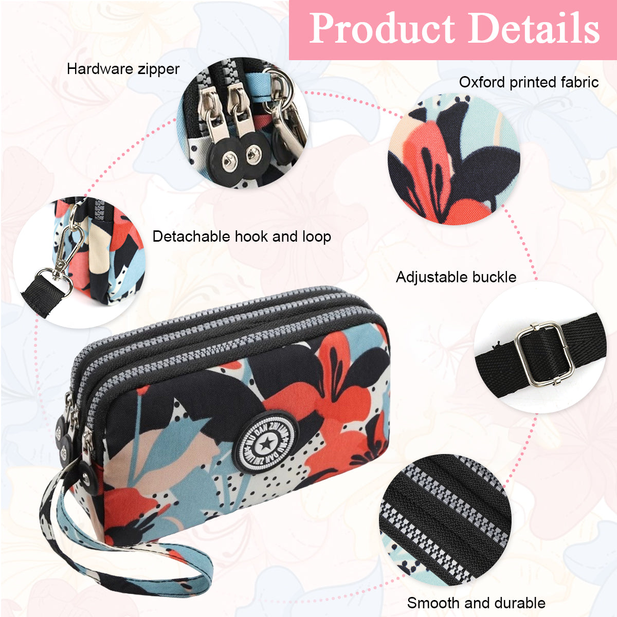 PALAY® Women Clutch Purse Small Crossbody Bag Triple Layer Utility Zipper Pouch Travel Purse Pouch Clutch Bag with Detachable Shoulder Strap Fashion Oxford Cloth Shoulder Phone Bag, 18x6x12cm