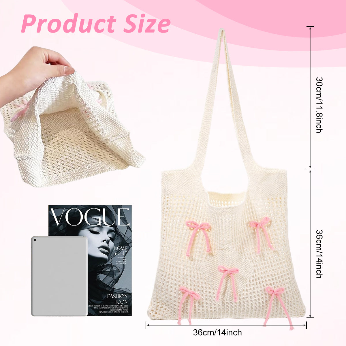 PALAY Bow Crochet Shoulder Tote Bag for Women Cute Knitted Handbag