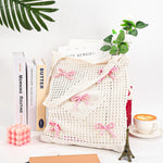 PALAY Bow Crochet Shoulder Tote Bag for Women Cute Knitted Handbag